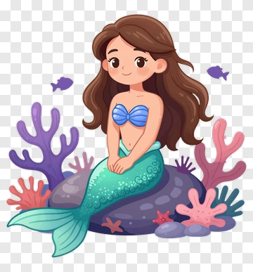 Cute Mermaid With Fish And Coral PNG