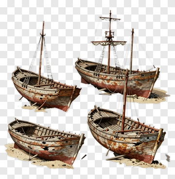 Four Old Boats On Sandy Shore PNG