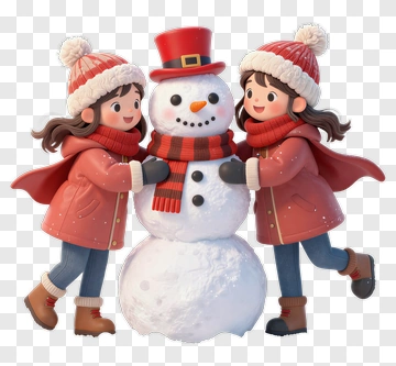 Two Girls With Snowman PNG