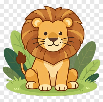 Cartoon Lion Sitting Among Leaves PNG