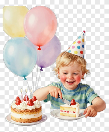Child Cutting Birthday Cake PNG