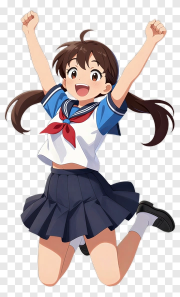 Joyful Anime Girl In School Uniform Jumping PNG