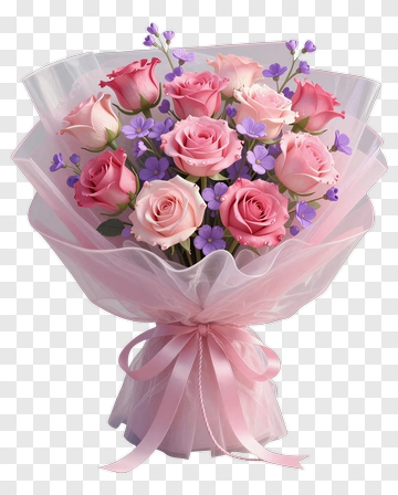 Pink Rose Bouquet With Purple Flowers PNG