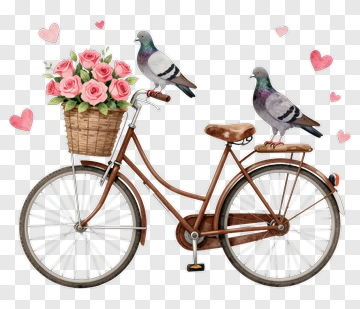 Bicycle With Pigeons And Roses PNG