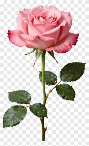 Pink Rose With Green Stem And Leaves PNG