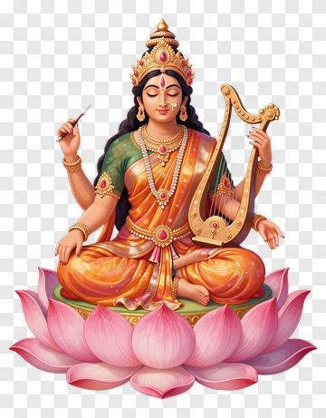 Goddess Saraswati With Harp And Pen PNG