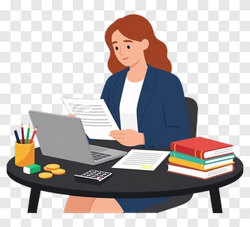 Woman Studying At Desk With Laptop And Books PNG