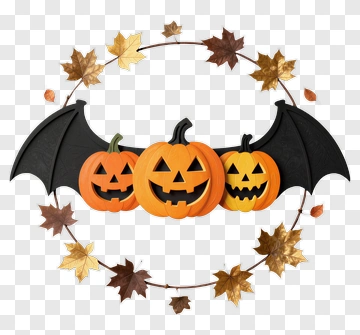 Three Jack-o-lanterns With Bat Wreath PNG