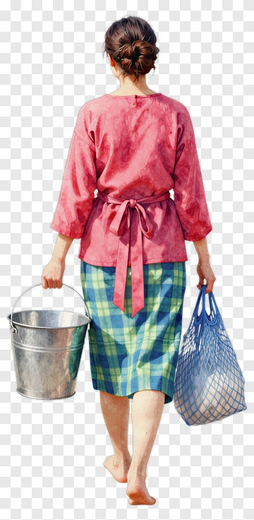 Woman Walking With Bucket And Shopping Bag PNG
