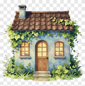 Cozy Blue Cottage With Green Vines PNG