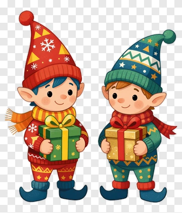 Two Elves Holding Gifts PNG