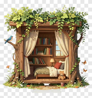 Cozy Treehouse Bed With Bookshelf PNG
