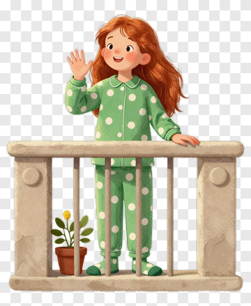 Girl In Green Pajamas Waving From Balcony PNG
