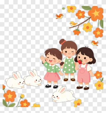 Children With Bunnies In A Garden PNG