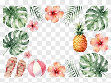 Tropical Beach Scene With Pineapple And Flowers PNG