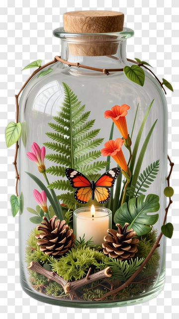 Glass Bottle Terrarium With Butterfly And Candle PNG