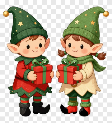 Two Christmas Elves Holding Gifts PNG
