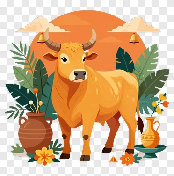 Illustration Of A Bull With Floral And Vase Decorations PNG