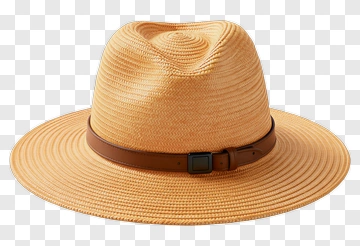 Yellow Straw Fedora Hat With Brown Leather Band PNG