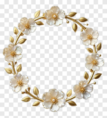 Elegant White Flower Wreath With Gold Accents PNG