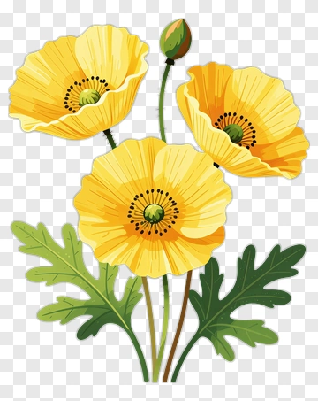 Yellow Poppy With Green Leaves PNG