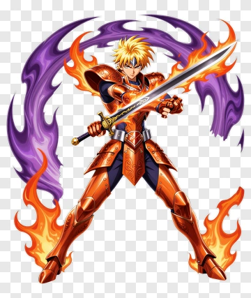 Orange Armored Knight With Fiery Sword PNG