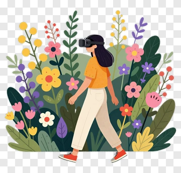 Person Walking Through Colorful Garden With VR Headset PNG