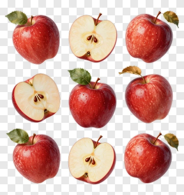Red Apples With Leaves And Cut Sections PNG