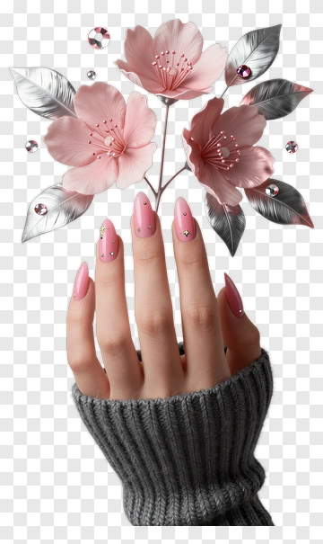 Hand With Pink Flowers And Nails PNG