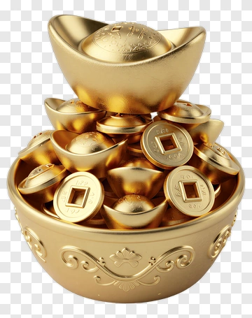 Golden Fortune Bowl With Ingots And Coins PNG