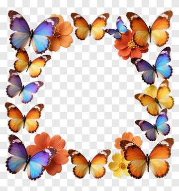 Colorful Butterflies And Flowers Arranged In Frame PNG