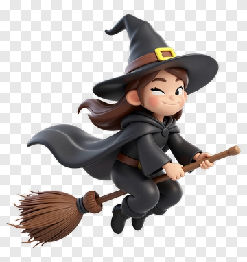Cartoon Witch Flying On Broom PNG