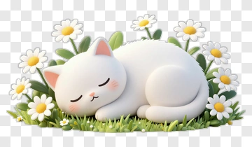 Sleeping White Cat Among Daisies PNG