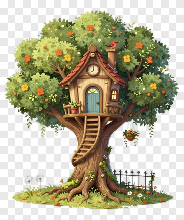 Tree House With Bird And Flowers PNG