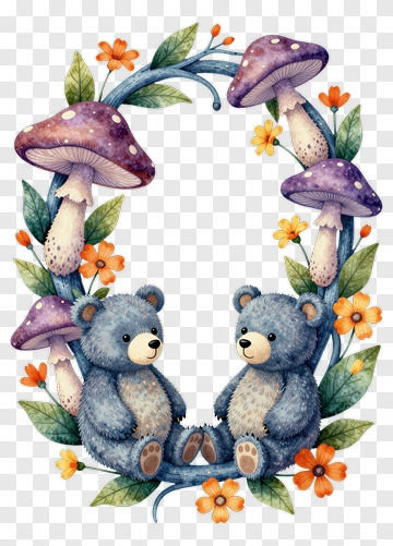 Two Blue Bears With Mushrooms And Flowers PNG