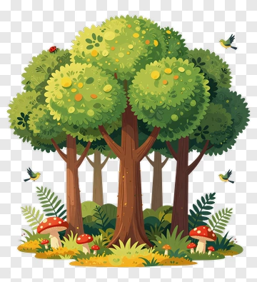 Forest Scene With Trees Mushrooms And Birds PNG