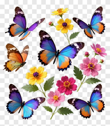 Colorful Butterflies Among Flowers PNG