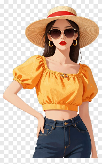 Woman In Straw Hat And Yellow Top PNG