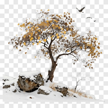 Snowy Tree With Yellow Leaves PNG