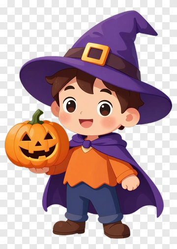 Child In Witch Costume Holding Pumpkin PNG