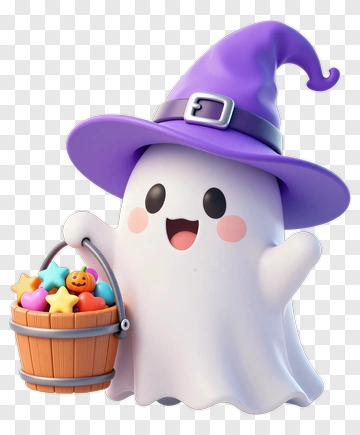 Cute Ghost In Witch Hat Holding Candy Basket PNG