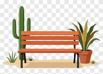 Wooden Bench With Cactus And Potted Plant PNG