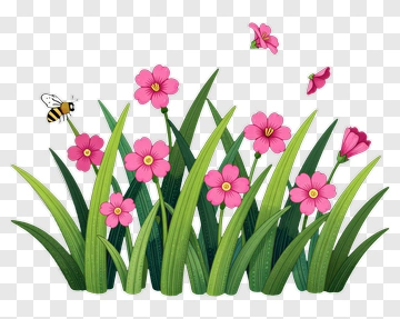Bee Among Pink Flowers And Green Grass PNG