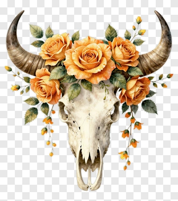 Bull Skull Adorned With Orange Roses PNG