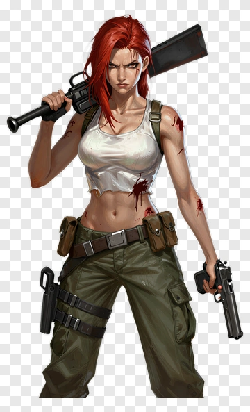 Red Hair Combatant With Gun PNG