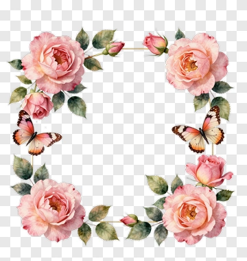 Pink Roses And Butterflies Frame PNG