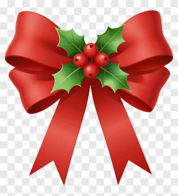 Red Christmas Bow With Holly And Berries PNG