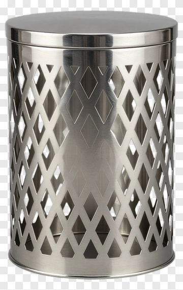 Silver Metal Trash Can With Diamond Cutout Pattern PNG