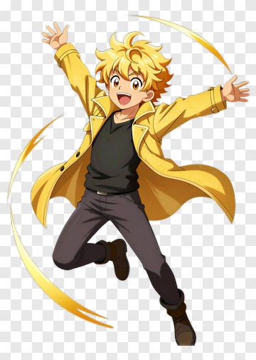 Anime Character Jumping With Yellow Coat PNG