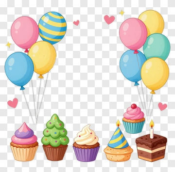 Birthday Party With Balloons And Cupcakes PNG